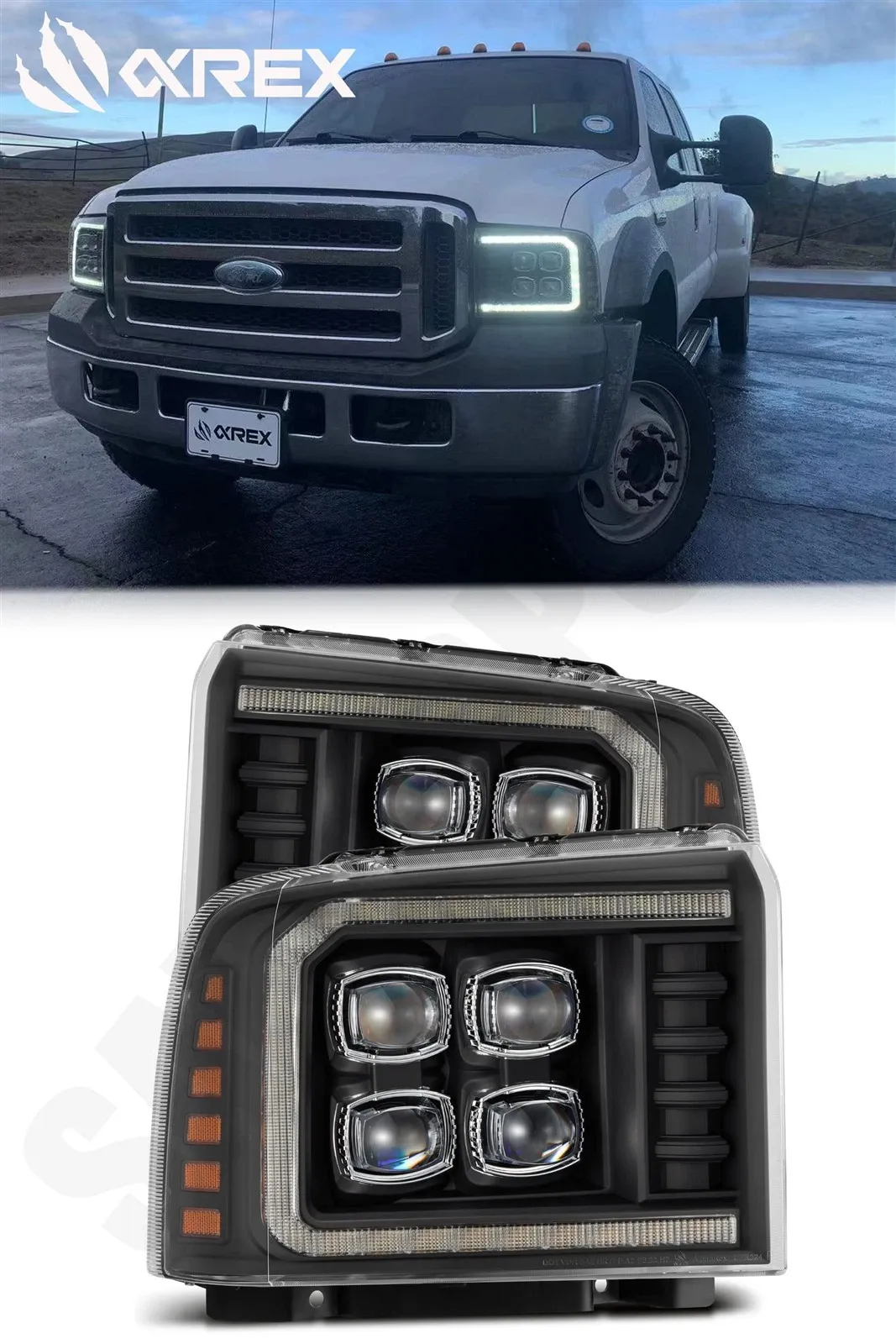 Фары проекторные светодиодные Black Nova для Ford F-250/350/450 2005–2007, AlphaRex — фото 1