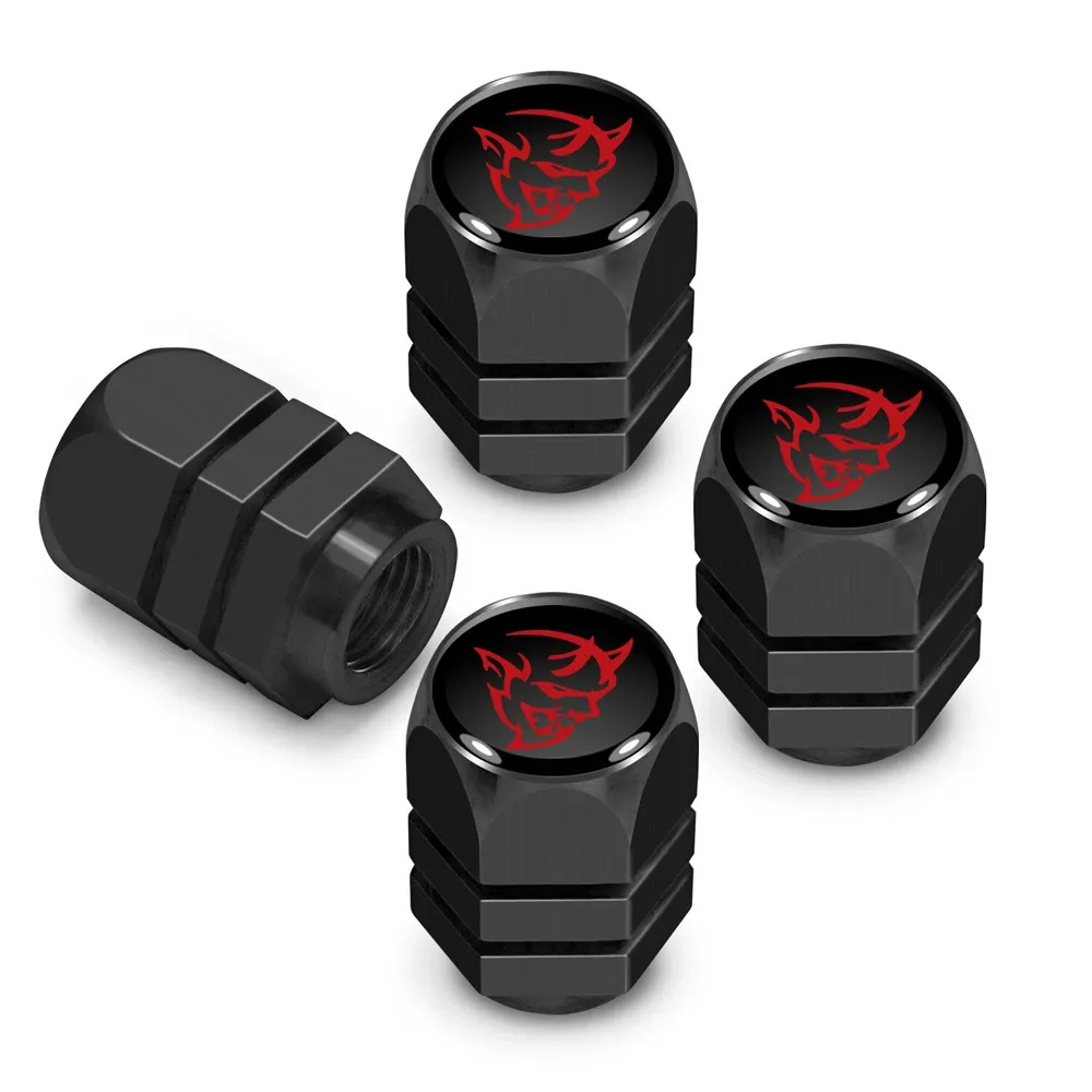 Колпачки ниппелей Dodge Demon красном корпусе логотип на черном фоне в черном корпусе Hexagon — фото 1