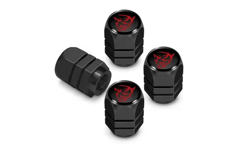 Колпачки ниппелей Dodge Demon красном корпусе логотип на черном фоне в черном корпусе Hexagon — фото 1