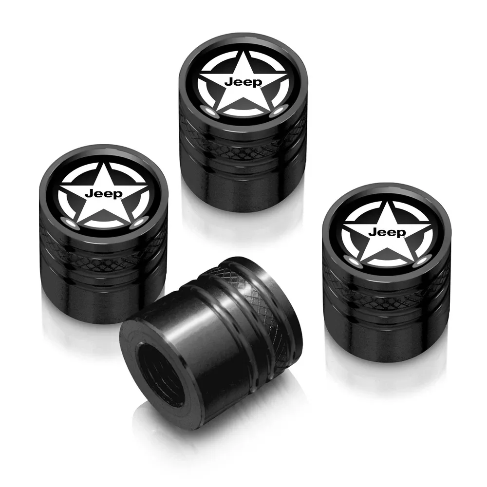 Колпачки ниппелей Jeep Willys Star логотип на черном фоне в черном корпусе Aluminum Cylinder-Style Tire Valve Caps — фото 1