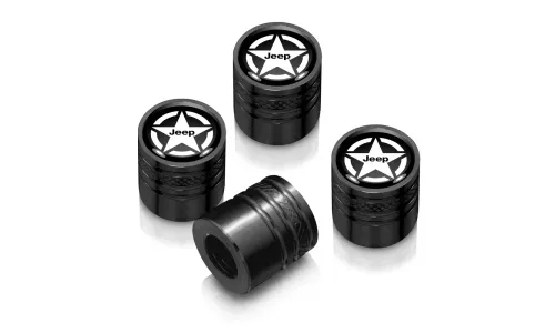 Колпачки ниппелей Jeep Willys Star логотип на черном фоне в черном корпусе Aluminum Cylinder-Style Tire Valve Caps — фото 1
