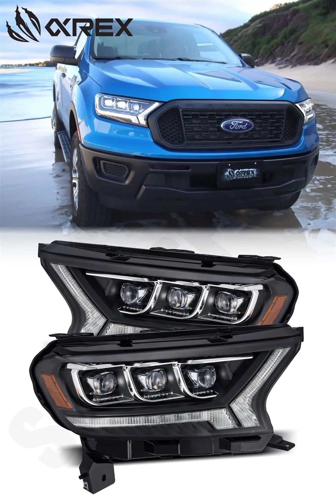 Фары проекторные светодиодные NOVA Black для Ford Ranger XL/XLT 2019–2023, AlphaRex — фото 1