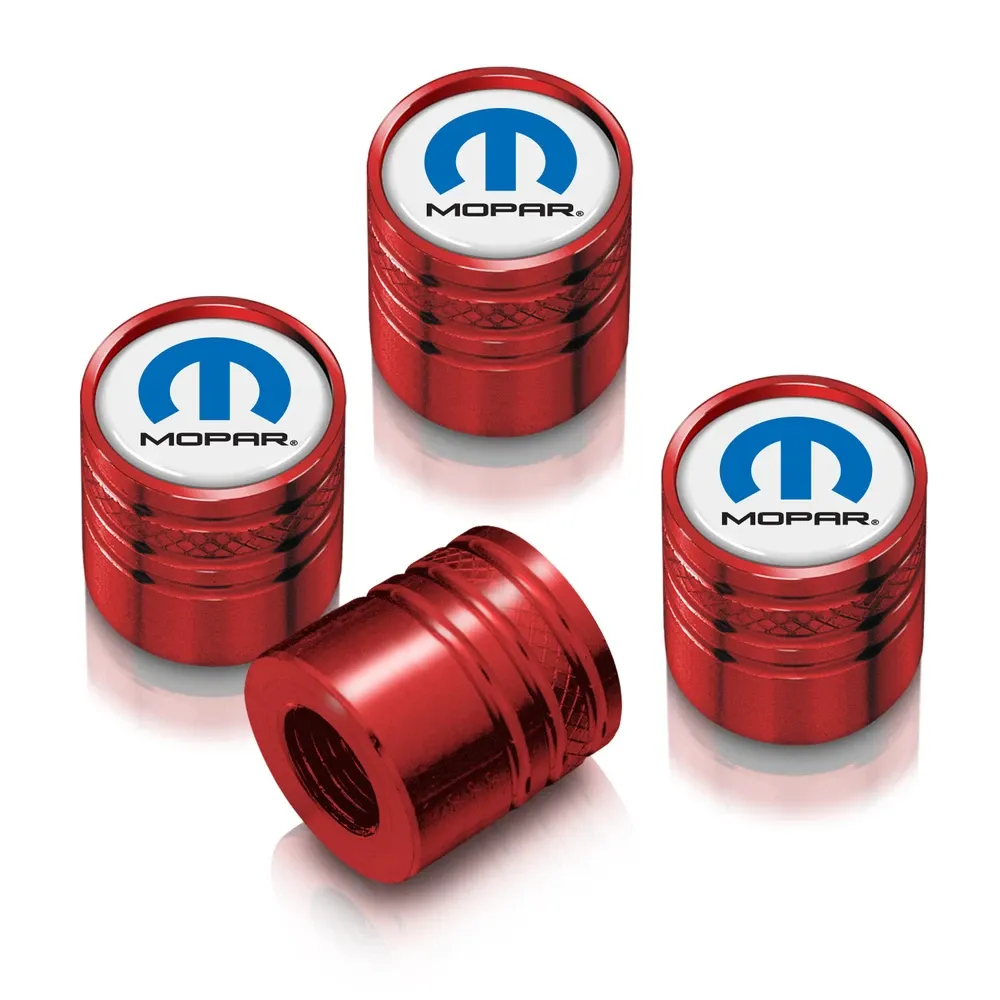 Колпачки ниппелей Mopar на белом фоне в красном корпусе Aluminum Cylinder-Style Tire Valve Stem Caps — фото 1