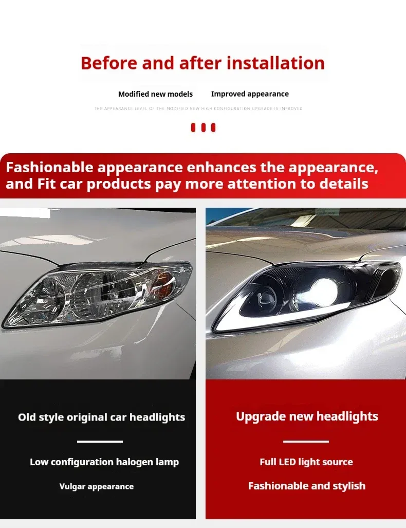 Фары передние LED с ходовыми огнями для Toyota Corolla (2007-2010), комплект, комплект, FT Carlight Carlight — фото 2