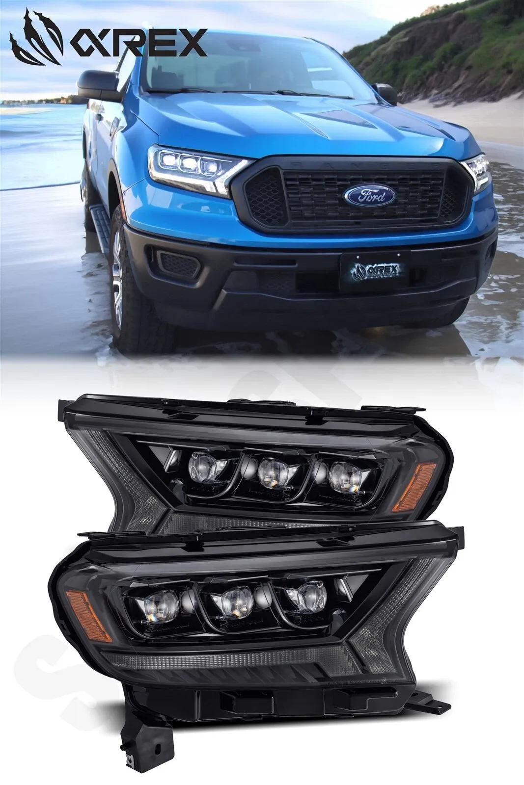 Фары проекторные светодиодные Alpha-Black NOVA для Ford Ranger 2019–2023, AlphaRex — фото 1