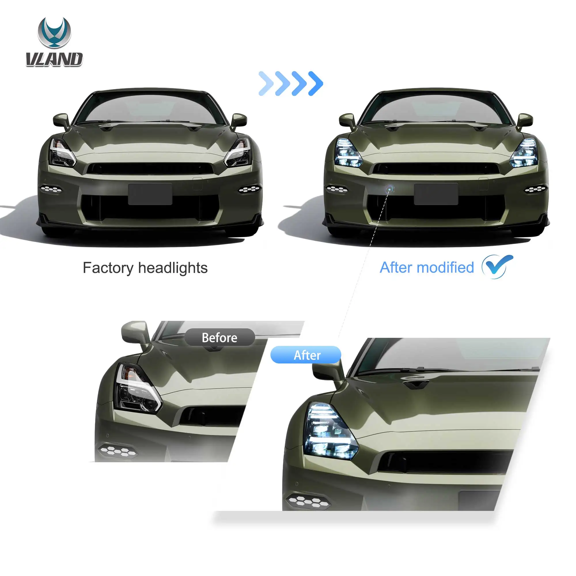 Фары VLAND LED проекторы высокой интенсивности для Nissan GT-R R35 (2008-2023) — фото 6