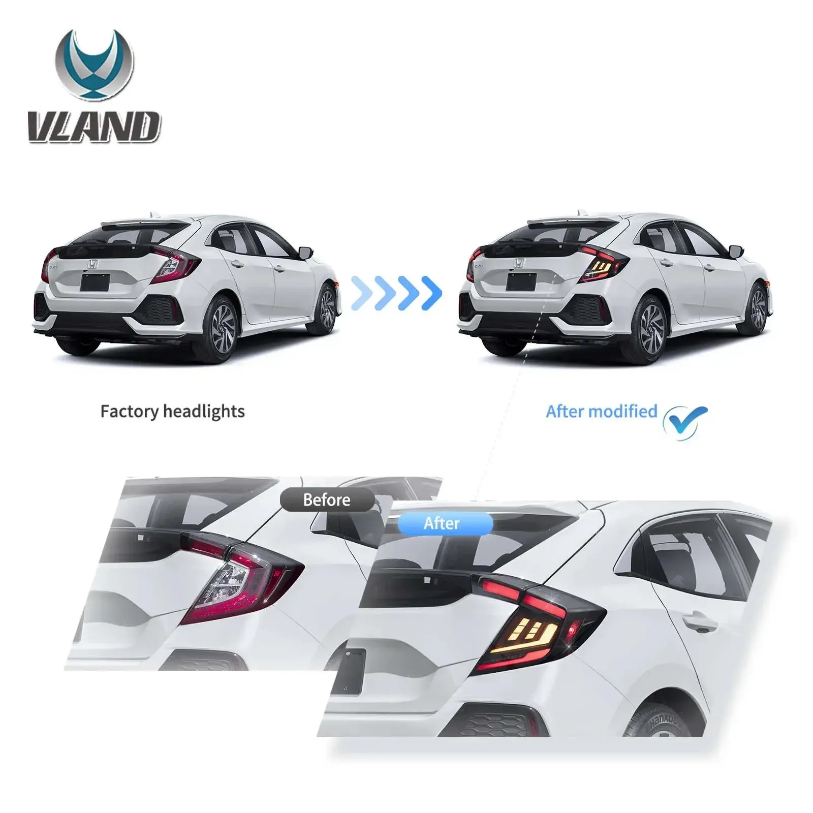 Задние LED-фонари VLAND динамическая подсветка приветствие тонированные для Honda Civic 10 хэтчбек (FK4/FK7/FK8) — фото 6