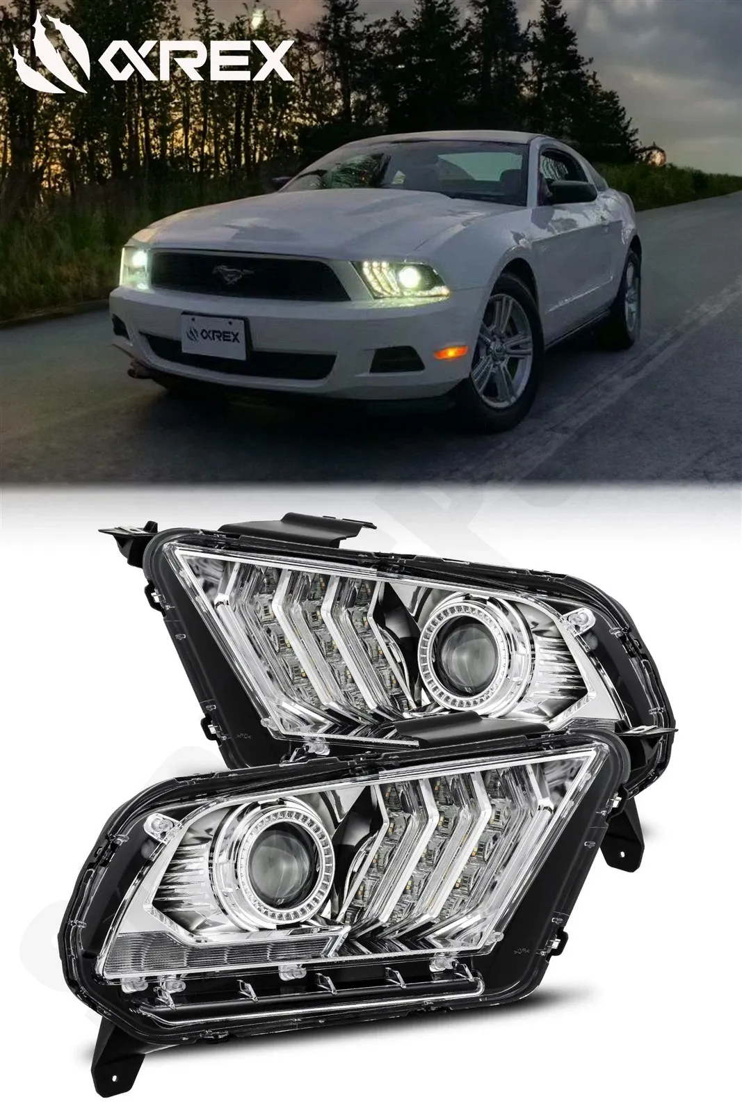 Фары проекторные светодиодные Chrome LUXX для Ford Mustang V6 & GT 2010–2012, AlphaRex — фото 1