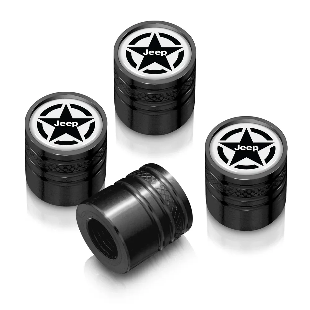Колпачки ниппелей Jeep Willys Star логотип на белом фоне в черном корпусе Aluminum Cylinder-Style Tire Valve Caps — фото 1