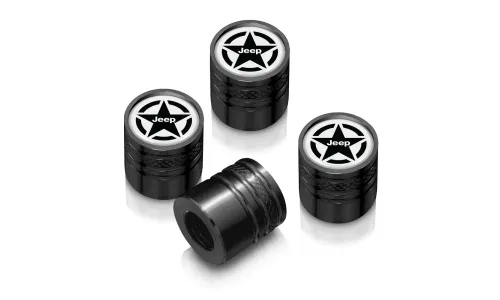Колпачки ниппелей Jeep Willys Star логотип на белом фоне в черном корпусе Aluminum Cylinder-Style Tire Valve Caps — фото 1