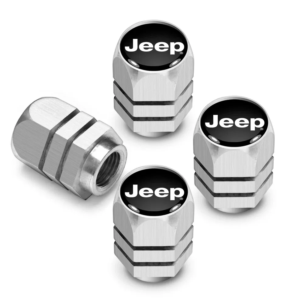 Колпачки ниппелей Jeep на черном фоне в серебристом корпусе Hexagon — фото 1