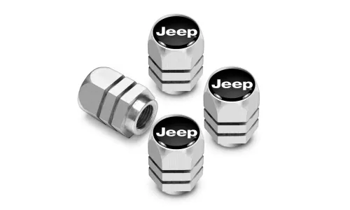 Колпачки ниппелей Jeep на черном фоне в серебристом корпусе Hexagon — фото 1