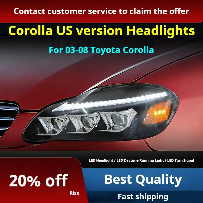 Фары передние LED с ходовыми огнями для Toyota Corolla (2003-2008, США), комплект, комплект, FT Carlight Carlight — фото 2