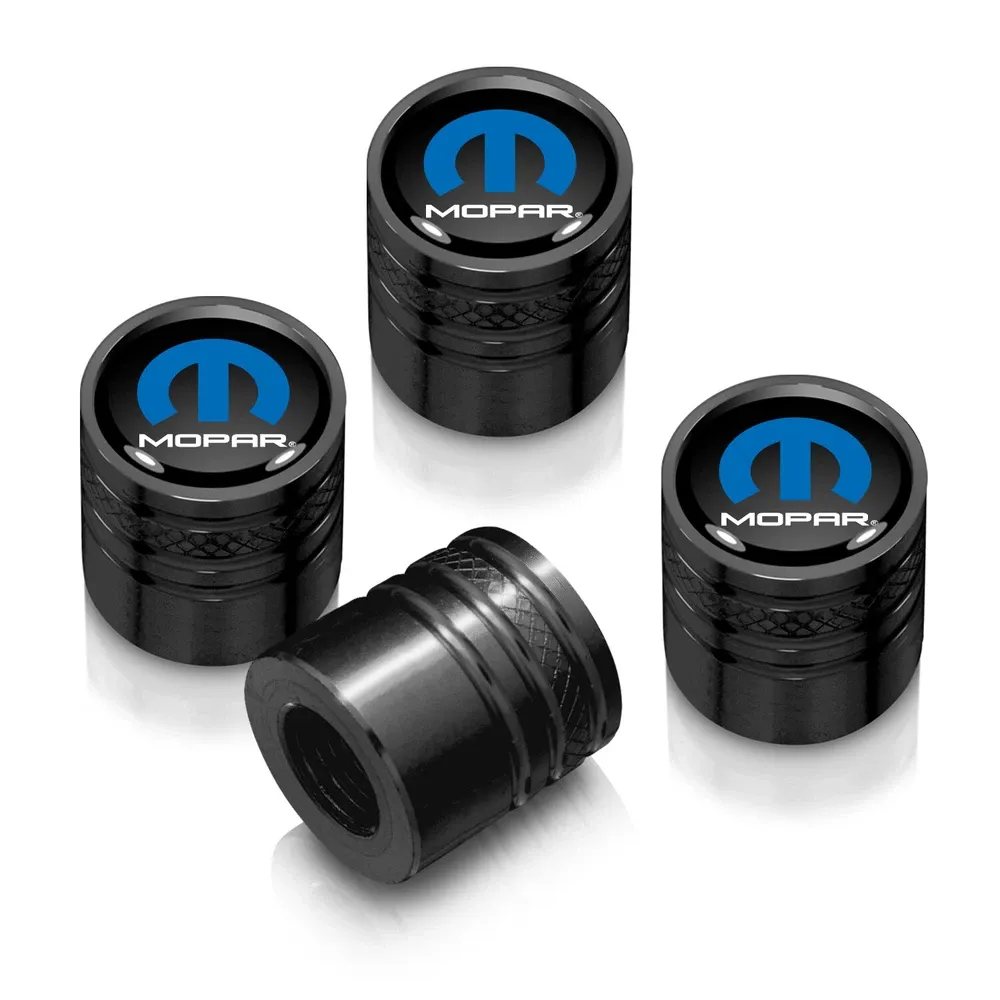 Колпачки ниппелей Mopar на черном фоне в черном корпусе Aluminum Cylinder-Style Tire Valve Stem Caps — фото 1