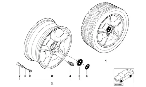 Диск колесный звездообразные спицы 57, серебристый, 7,5J×17, ET40 для передней или задней оси BMW X5 E53, оригинал — фото 1