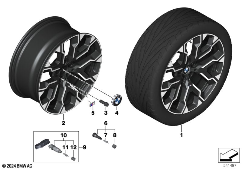 Диск колесный M сдвоенные спицы 1036, двухцветный (Jet Black, однотонный черный, с глянцево-полированной лицевой поверхностью), 9,0J×20, ET24 для BMW X3 G45, оригинал — фото 1