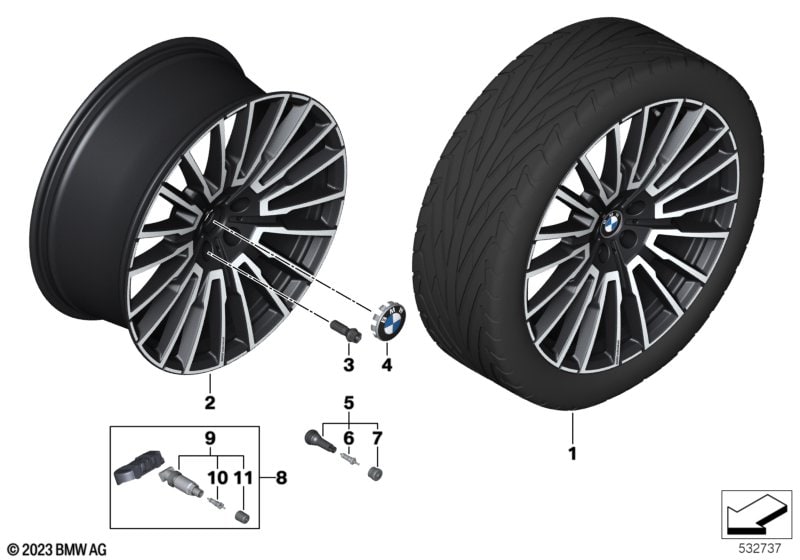 Диск колесный многоспицевый дизайн 1055i, двухцветный (Jet Black, однотонный черный, с глянцево-полированной лицевой поверхностью), 9,0J×21, ET24 для BMW 7-й серии G70, оригинал — фото 1