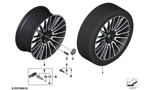 Диск колесный многоспицевый дизайн 1055I, двухцветный (Jet Black, однотонный черный, с глянцево-полированной лицевой поверхностью), 10,5J×21, ET44 для BMW 7-й серии G70, оригинал — фото 1