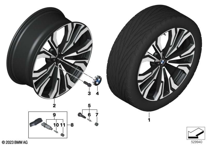 Диск колесный V-образные спицы 914I, Jet Black, однотонный черный, с полированной лицевой поверхностью, 9,5J×23, ET32 для BMW X7 G07, оригинал — фото 1