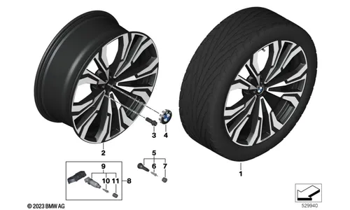 Диск колесный V-образные спицы 914I, Jet Black, однотонный черный, с полированной лицевой поверхностью, 9,5J×23, ET32 для BMW X7 G07, оригинал — фото 1