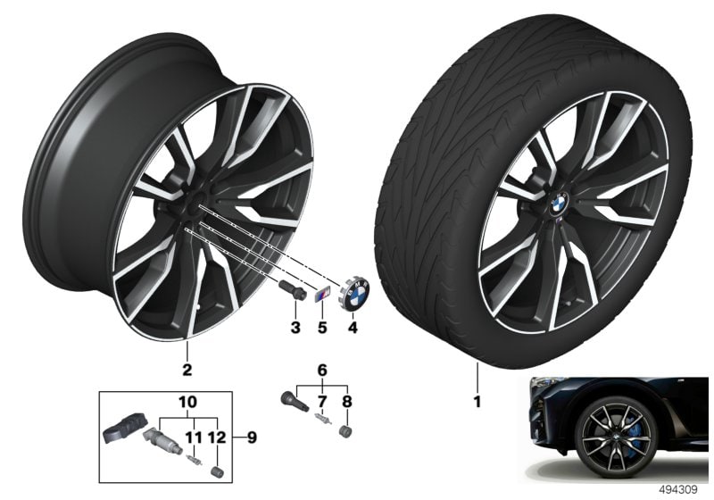 Диск колесный V-образные спицы 755M, Jet Black, однотонный черный, с полированной лицевой поверхностью, 10,5J×22, ET43 для BMW X7 G07, оригинал — фото 1