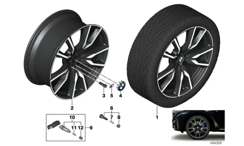 Диск колесный V-образные спицы 755M, Jet Black, однотонный черный, с полированной лицевой поверхностью, 10,5J×22, ET43 для BMW X7 G07, оригинал — фото 1