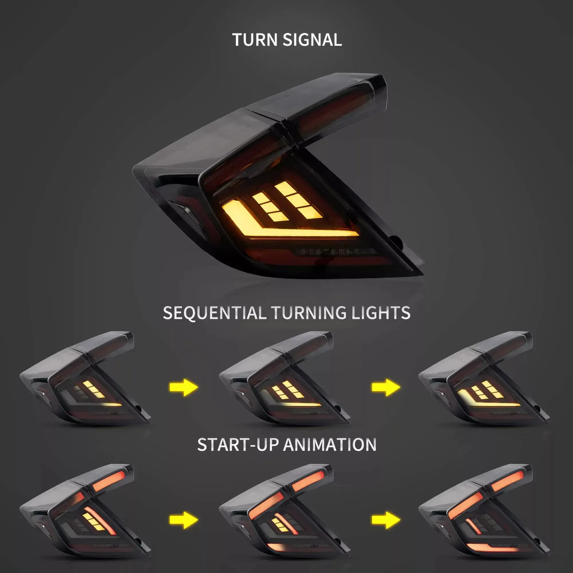 Задние LED-фонари VLAND динамическая подсветка приветствие тонированные для Honda Civic 10 хэтчбек (FK4/FK7/FK8) — фото 4