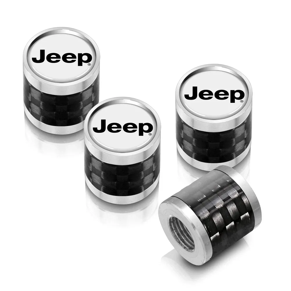 Колпачки ниппелей Jeep на белом фоне карабоновая окантовка серебристая — фото 1