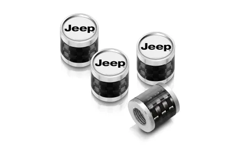 Колпачки ниппелей Jeep на белом фоне карабоновая окантовка серебристая — фото 1