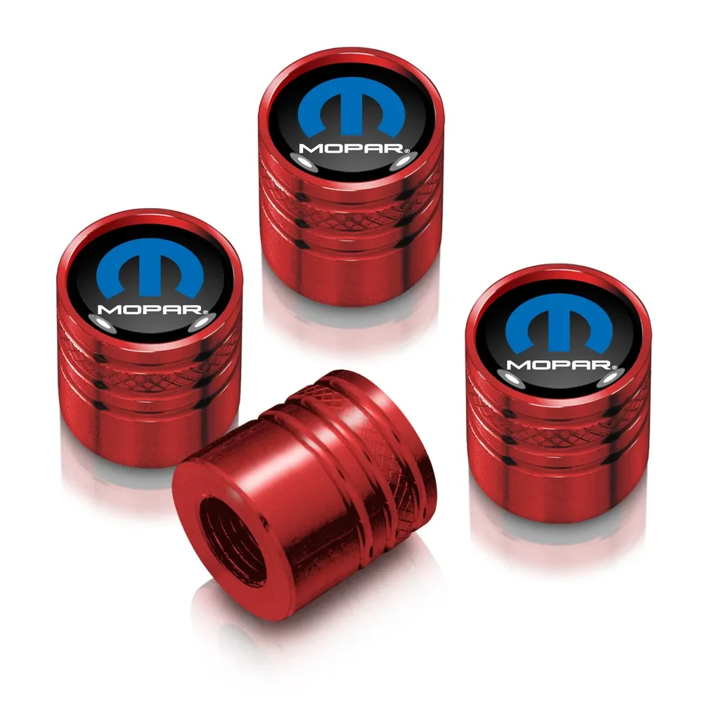 Колпачки ниппелей Mopar на черном фоне в красном корпусе Aluminum Cylinder-Style Tire Valve Stem Caps — фото 1