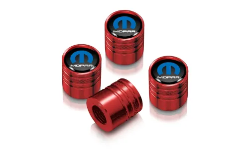 Колпачки ниппелей Mopar на черном фоне в красном корпусе Aluminum Cylinder-Style Tire Valve Stem Caps — фото 1