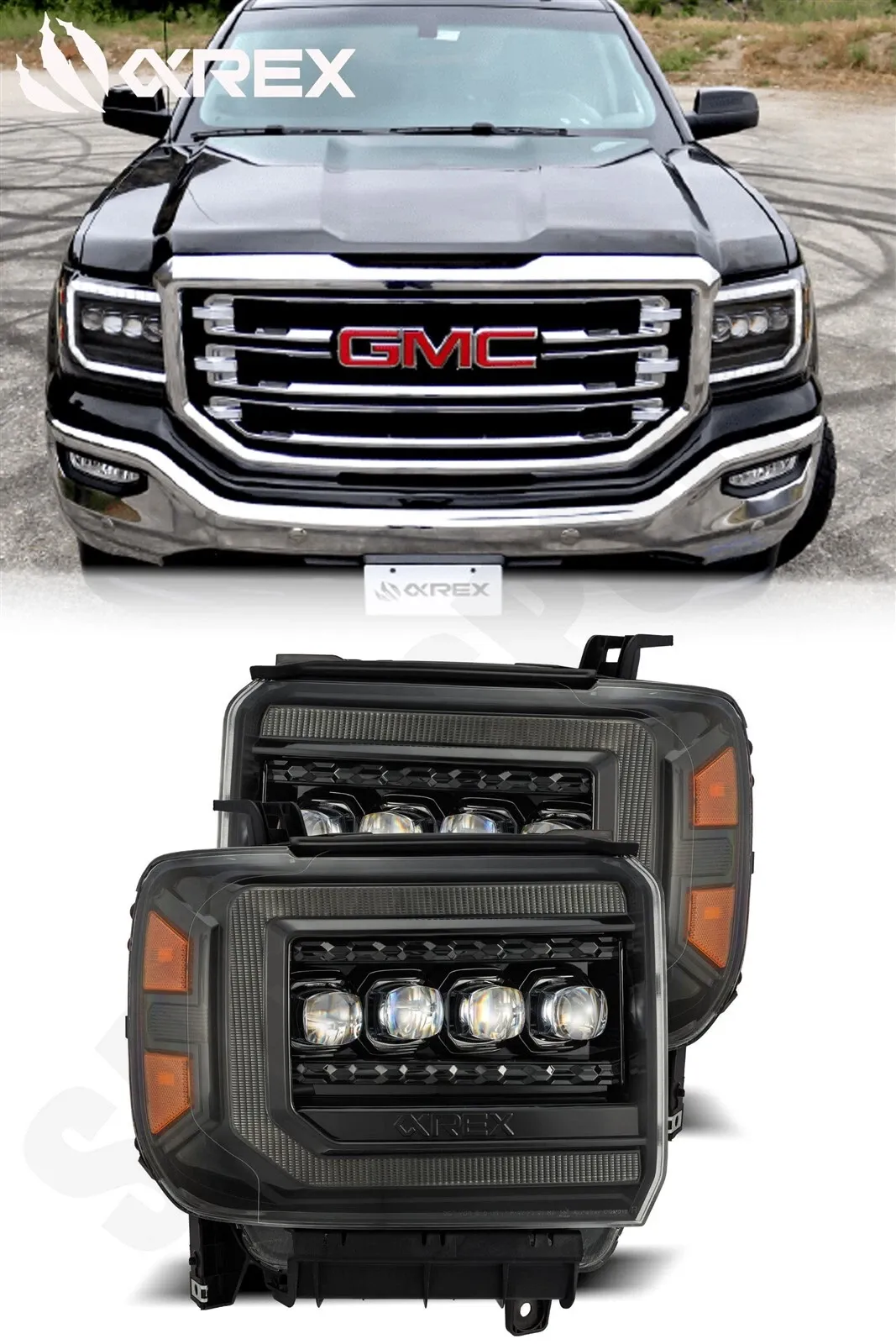 Фары светодиодные Alpha-Black NOVA для GMC Sierra 1500/2500/3500 2015–2018, AlphaRex — фото 1