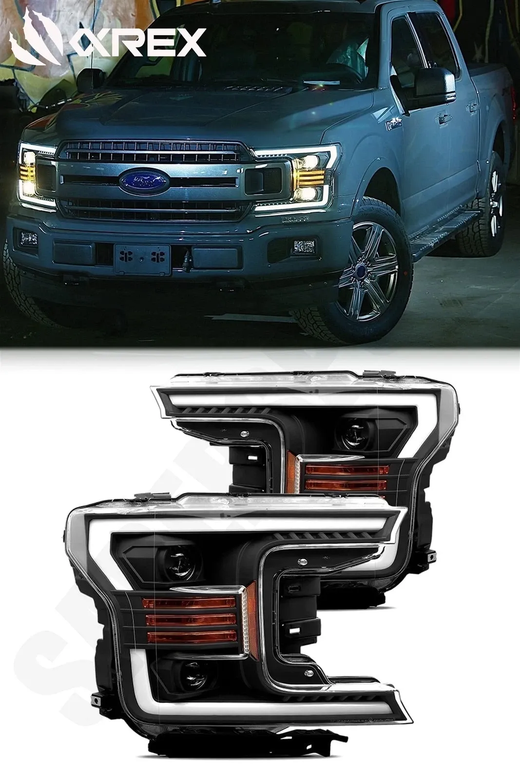 Фары проекторные галогеновые PRO Black для Ford F-150 XL/XLT 2018–2020, AlphaRex — фото 1