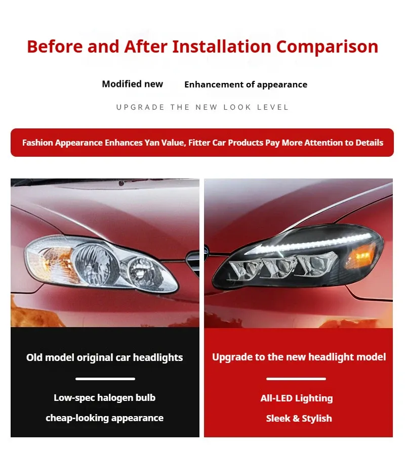 Фары передние LED с ходовыми огнями для Toyota Corolla (2003-2008, США), комплект, комплект, FT Carlight Carlight — фото 7