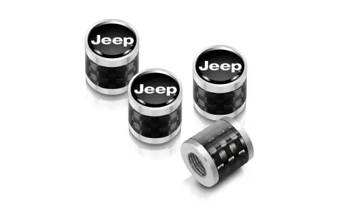 Колпачки ниппелей Jeep на черном фоне карбоновая окантовка серебристая — фото 1