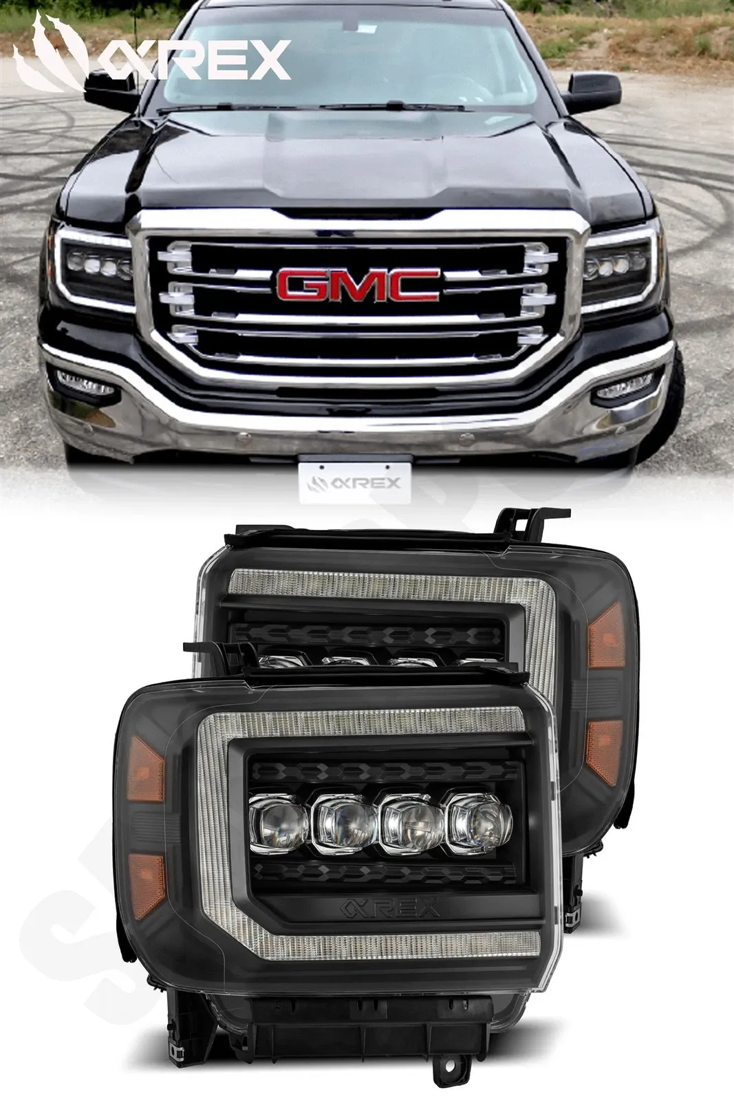 Фары светодиодные Black NOVA для GMC Sierra 1500/2500/3500 2015–2018, AlphaRex — фото 1