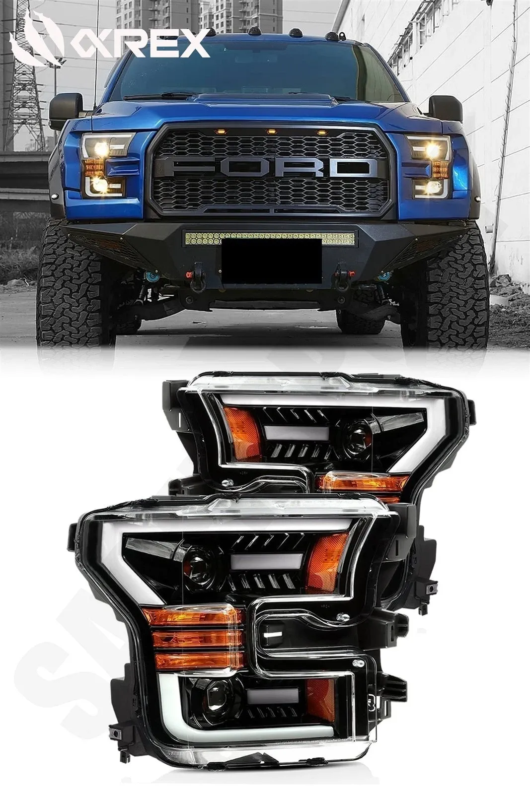 Фары проекторные светодиодные Jet Black LUXX для Ford F-150 XL/XLT 2015–2017, AlphaRex — фото 1
