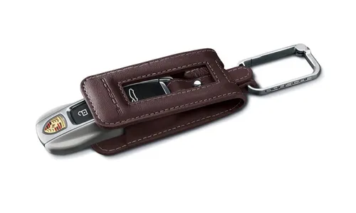 Кожаный чехол ключа с тиснёным гербом, бордовый marsala для Porsche 911, Cayenne, Panamera, Taycan — фото 1