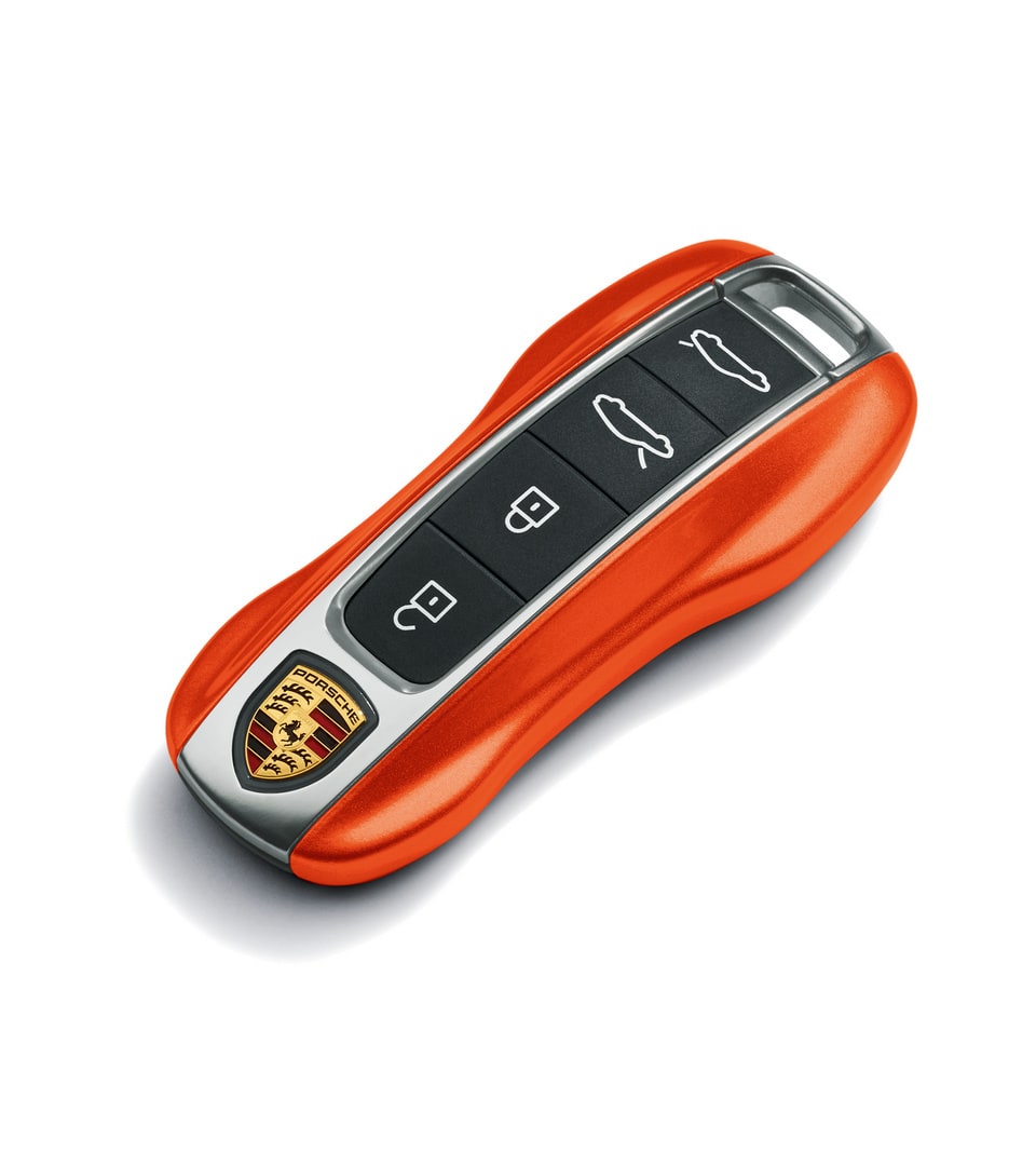 Окрашенные боковые накладки ключа, 2 шт., Оранжевый Papaya металлик для Porsche Taycan, Panamera, Cayenne, 911 — фото 1