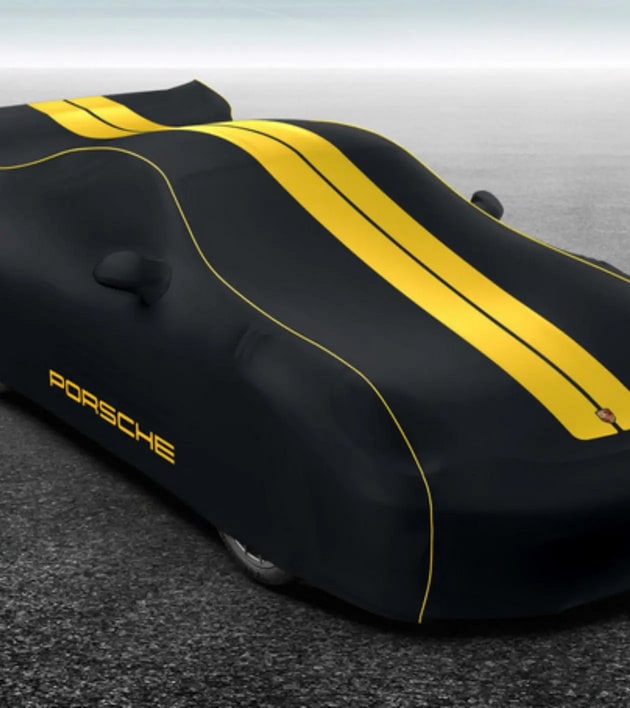 Гаражный чехол автомобиля Plus, чёрный, жёлтый декор для Porsche Cayman 981 GT4 — фото 1