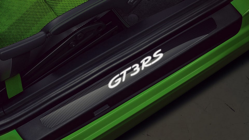 Карбоновые накладки порогов с подсветкой, «GT3 RS», 2 шт. для Porsche 911 991.1 GT3 RS, 911 991.2 GT3 RS — фото 1