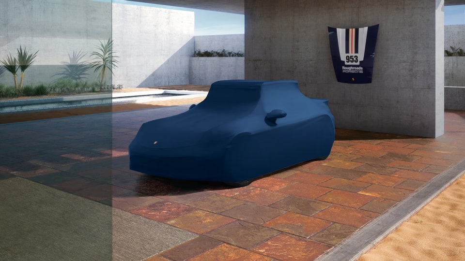 Уличный чехол Outdoor Car Cover Plus, синий, с багажной корзиной для Porsche 911 992.1 Dakar — фото 1
