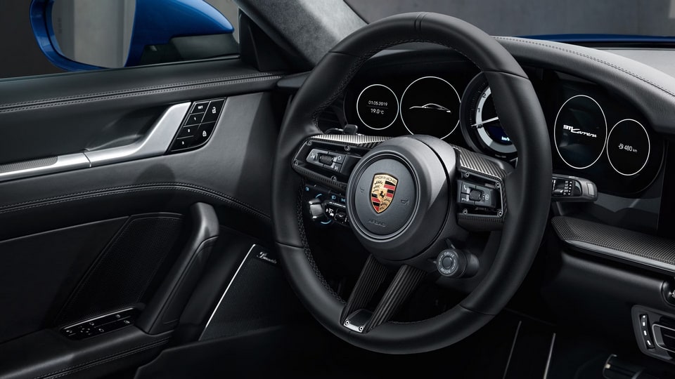 Кожаный руль GT Sport с матовым карбоном и чехлом ключа, с Sport Chrono, для PDK для Porsche 911 992.1 — фото 1