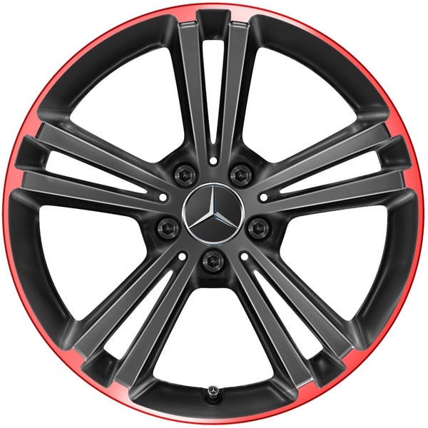 Колесный диск 7,5J×18 ET49 для Mercedes-Benz A-Class 177 / B-Class 247 / CLA 118, передняя и задняя оси, черный / красный, 5 двойных спиц — фото 1