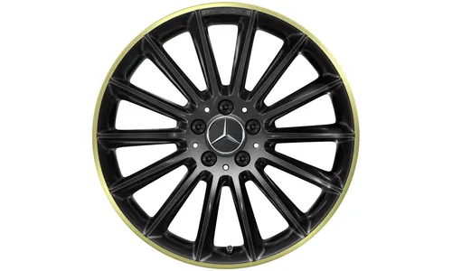 Колесный диск AMG 7,5J×19 ET49 для Mercedes-Benz A-Class 177 / B-Class 247 / CLA 118, передняя и задняя оси, черный, желтая окрашенная кромка обода, многоспицевый — фото 1