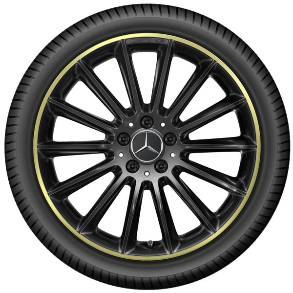 Колесный диск AMG 7,5J×19 ET49 для Mercedes-Benz A-Class 177 / B-Class 247 / CLA 118, передняя и задняя оси, черный, желтая окрашенная кромка обода, многоспицевый — фото 3