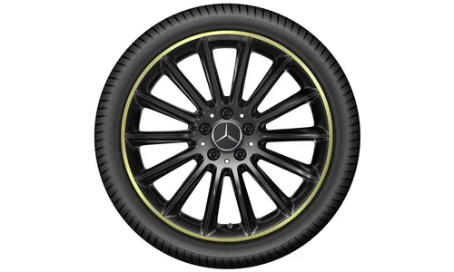 Колесный диск AMG 7,5J×19 ET49 для Mercedes-Benz A-Class 177 / B-Class 247 / CLA 118, передняя и задняя оси, черный, желтая окрашенная кромка обода, многоспицевый — фото 3