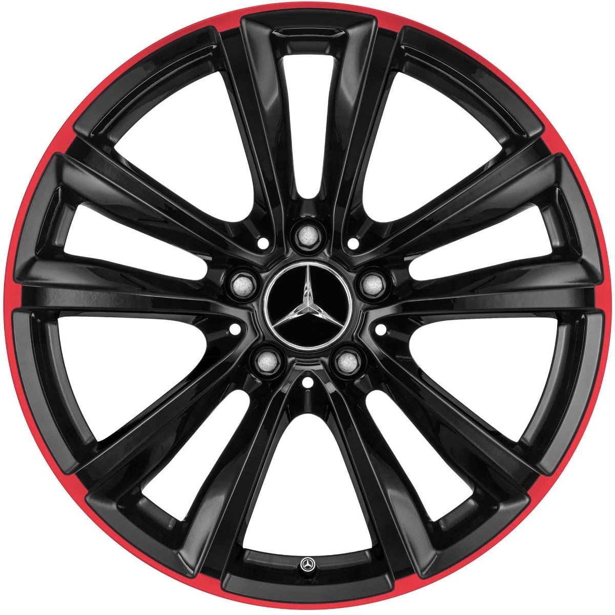 Колесный диск 7,5J×18 ET52 для Mercedes-Benz A-Class 176 / B-Class 246 / CLA 117, передняя и задняя оси, черный, красная окрашенная кромка обода, 5 спиц — фото 1