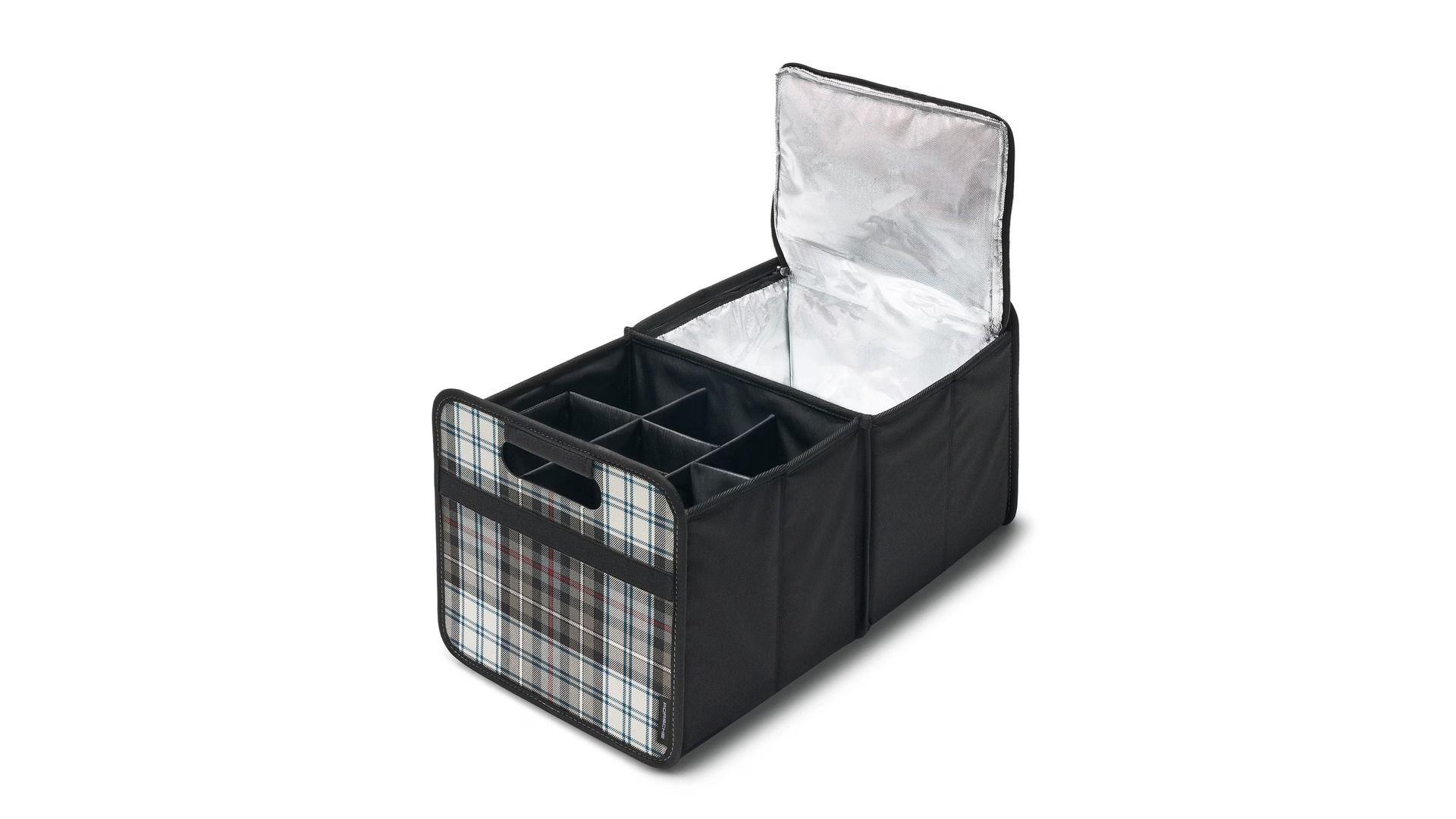 Полный комплект Складной багажник в дизайне Heritage - Turbo 50 Tartan, Багажный бокс Heritage Design - Turbo 50 Tartan, черная вставка для бутылки/сумки-холодильника для Porsche Macan II — фото 3