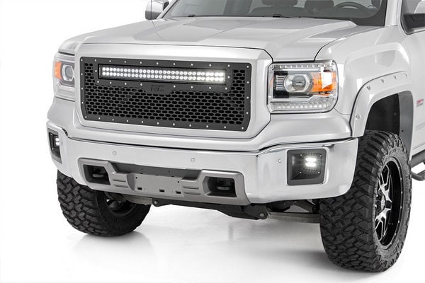 Сетчатая решётка радиатора, свет серии Black с янтарными ДХО, GMC Sierra III, Rough Country — фото 2